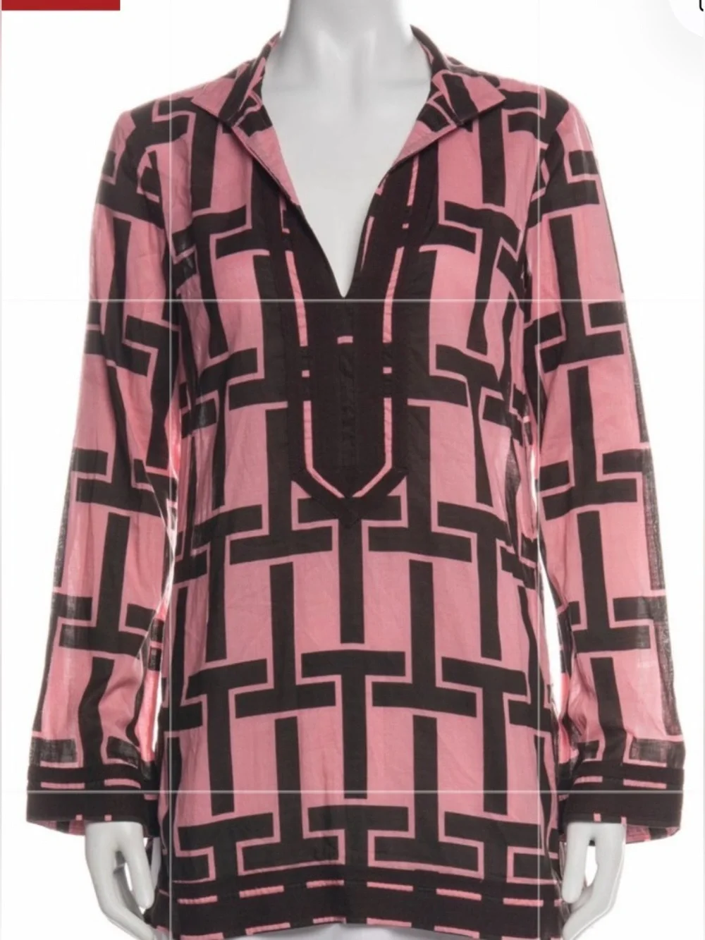 Tory Burch Pink Brown Geometric Cotton V-Neck Tunic Top Size M / 6